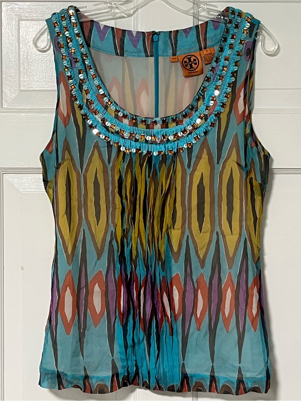 Tory Burch vibrant 100% Silk Ikat Print Embellished scoop neck Tank Top Blouse